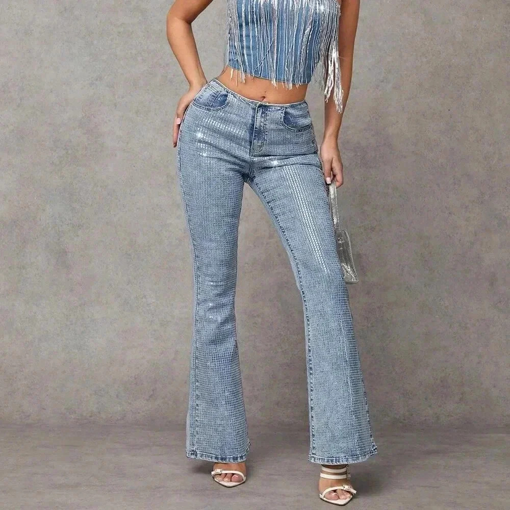 Medium Wash Party Women's Blue Skinny Stretchy Flared Denim Jeans - Picture 3 of 7